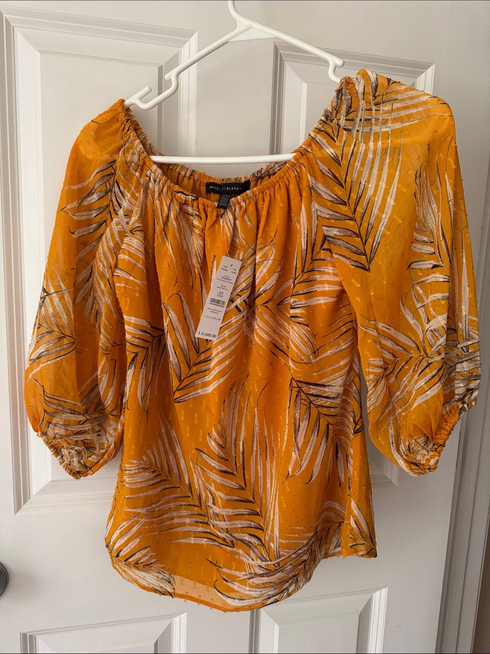 White House Black Market Mustard Orange Palm-Print Off-Shoulder Blouse